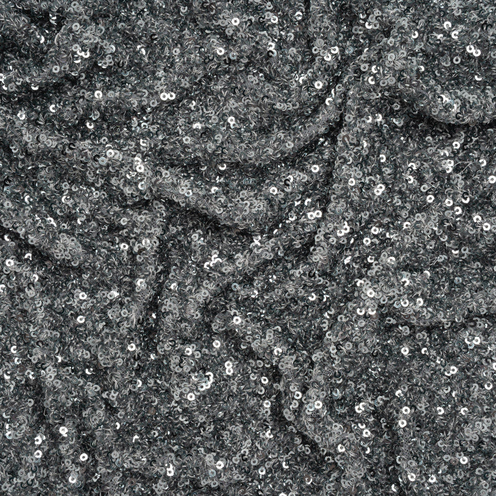 Recycled Polyester All-Over Circular Baby Sequins on Stretch Mesh - Silver - Divine Collection