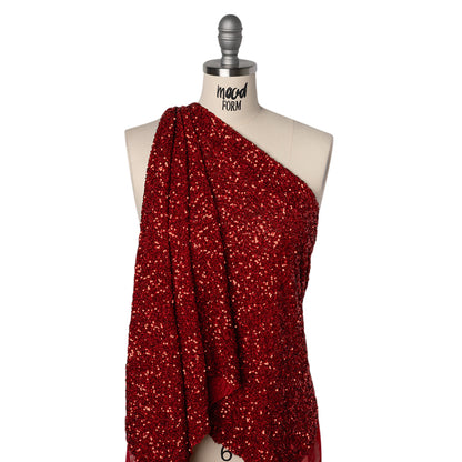 Recycled Polyester All-Over Circular Baby Sequins on Stretch Mesh - Red - Divine Collection