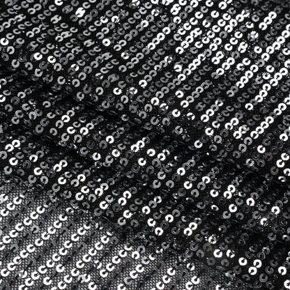 Recycled Polyester Circle Sequin Stripes on Stretch Mesh - Silver on Black - Transcendent Collection