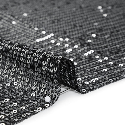 Recycled Polyester Circle Sequin Stripes on Stretch Mesh - Silver on Black - Transcendent Collection