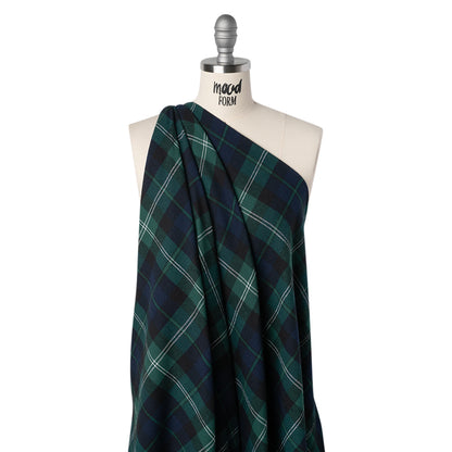Yarn-Dyed Cotton Twill Flannel - Green, Black and Blue Black Watch Plaid
