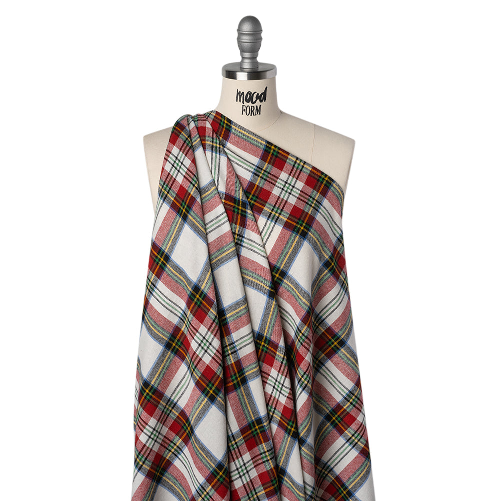Yarn-Dyed Cotton Twill Flannel - White, Red and Green Plaid