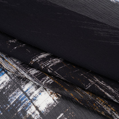 Crinkled Silk Chiffon Print - Black, Blue and White Brushy Plaid - Deadstock Folded