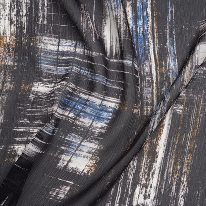 Crinkled Silk Chiffon Print - Black, Blue and White Brushy Plaid - Deadstock