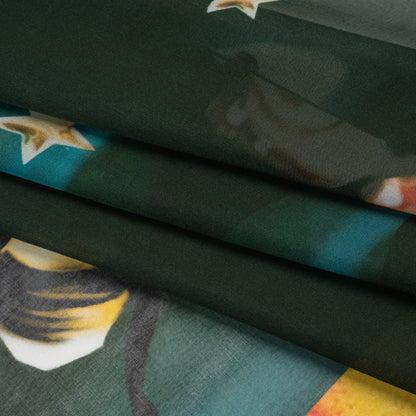 Silk Voile Print - Deep Sea Green, Blue and Yellow Broken Floral with Bees and Butterflies - Deadstock Folded