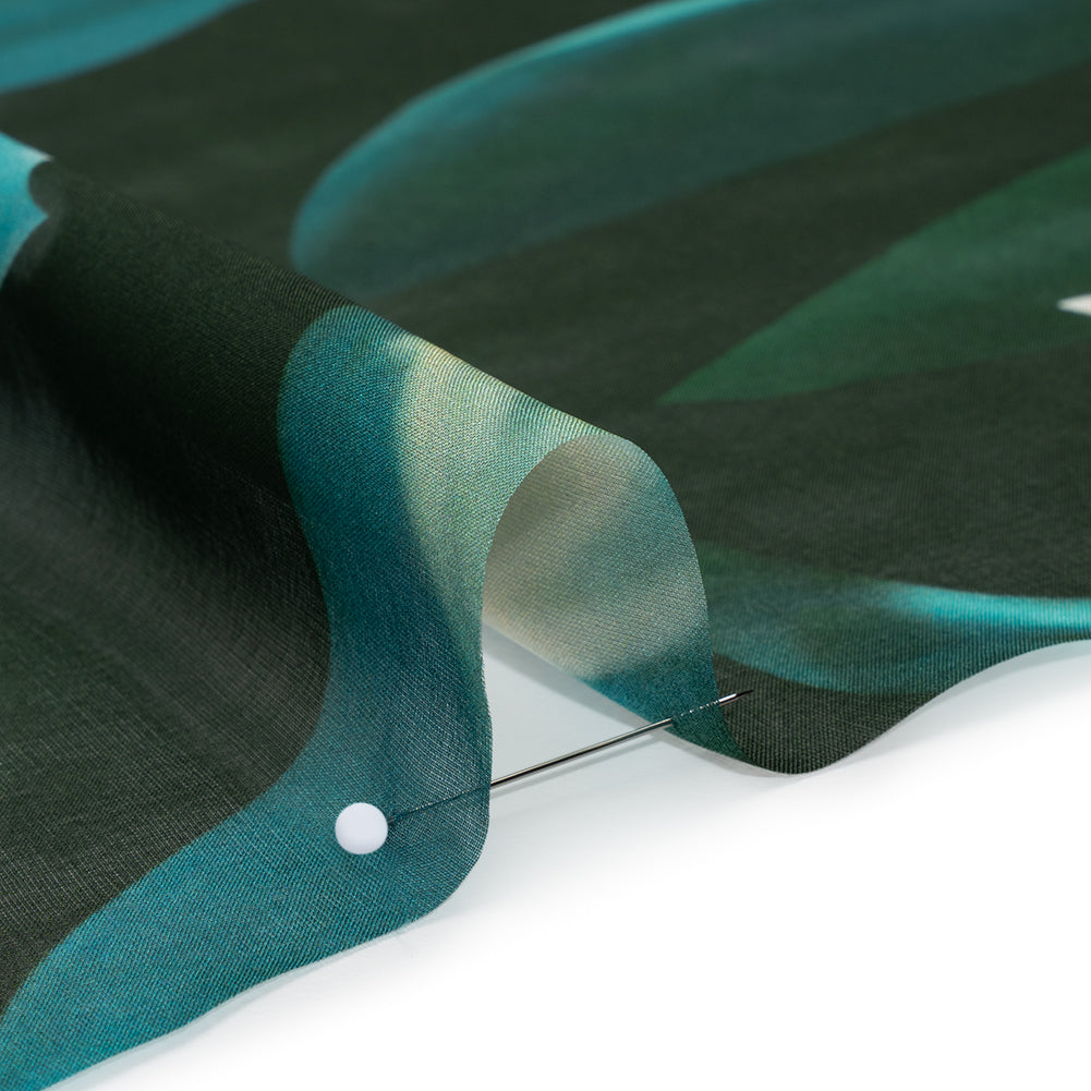 Silk Voile Print - Deep Sea Green, Blue and Yellow Broken Floral with Bees and Butterflies - Deadstock Detail