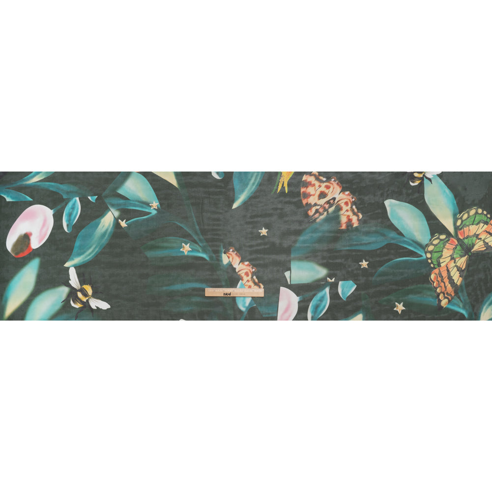 Silk Voile Print - Deep Sea Green, Blue and Yellow Broken Floral with Bees and Butterflies - Deadstock - Full