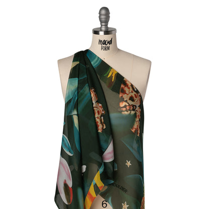 Silk Voile Print - Deep Sea Green, Blue and Yellow Broken Floral with Bees and Butterflies - Deadstock Drape