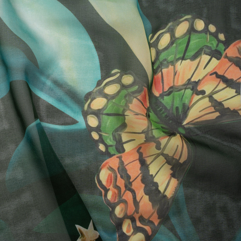 Silk Voile Print - Deep Sea Green, Blue and Yellow Broken Floral with Bees and Butterflies - Deadstock
