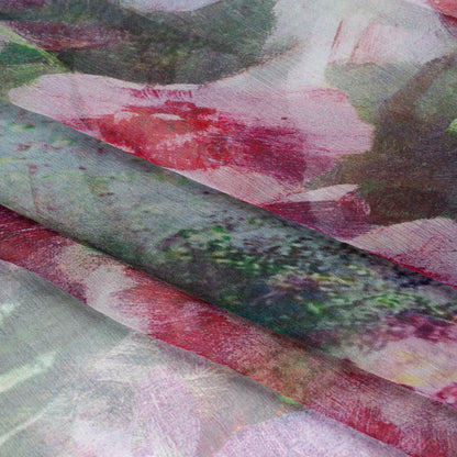 Crinkled Silk Chiffon Print - Green and Pink Ferns and Painterly Flowers Borders - Deadstock Folded