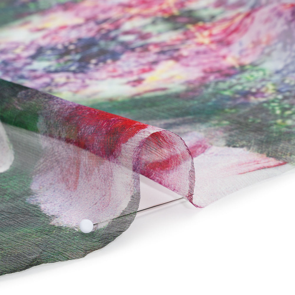 Crinkled Silk Chiffon Print - Green and Pink Ferns and Painterly Flowers Borders - Deadstock Detail