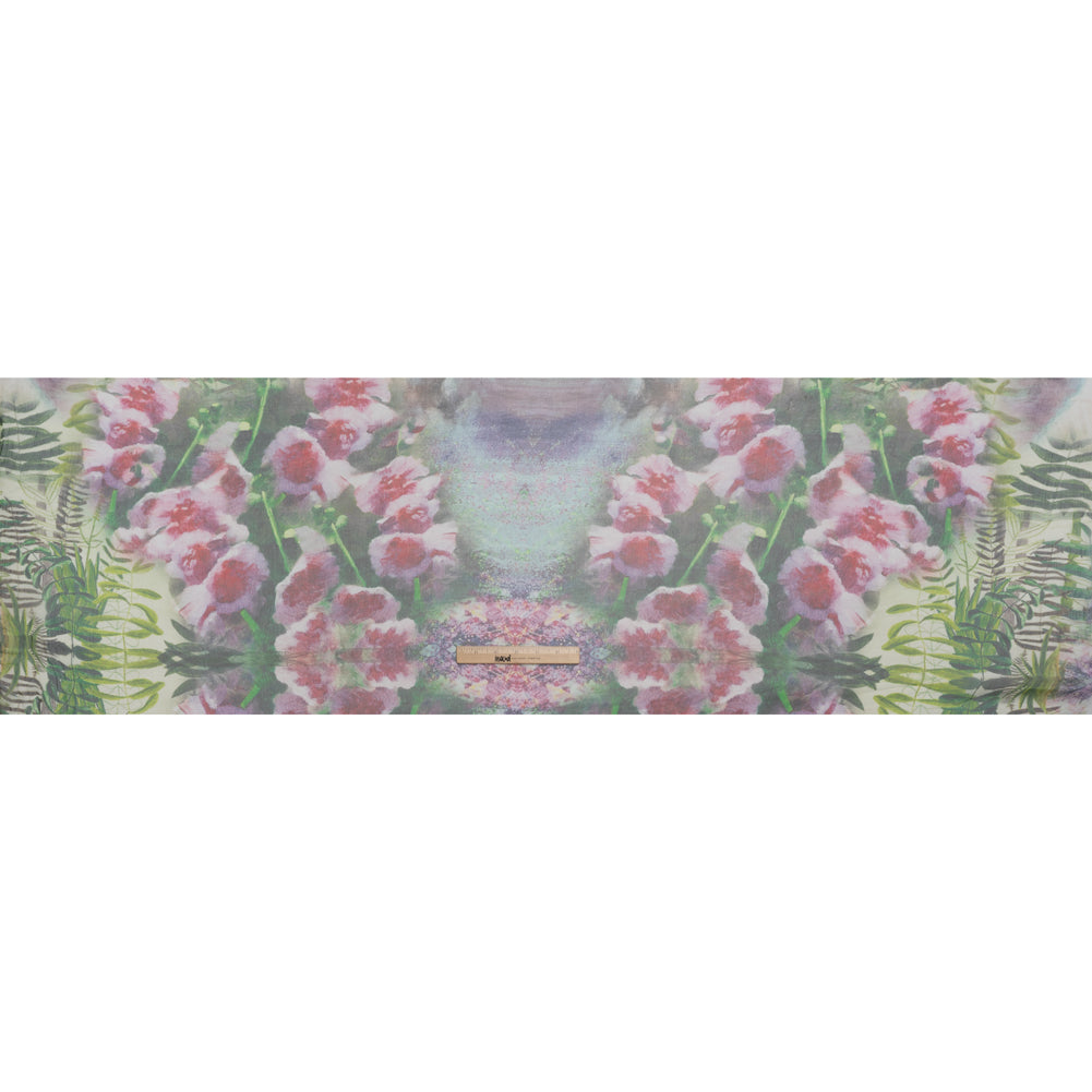 Crinkled Silk Chiffon Print - Green and Pink Ferns and Painterly Flowers Borders - Deadstock - Full