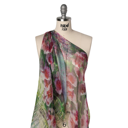 Crinkled Silk Chiffon Print - Green and Pink Ferns and Painterly Flowers Borders - Deadstock Drape