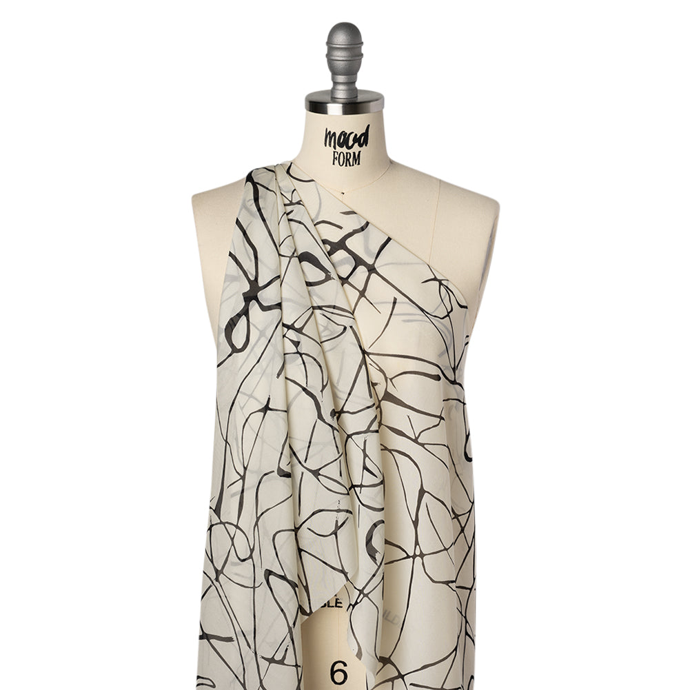 Silk Voile Print - Off White and Black Squiggles - Deadstock Drape