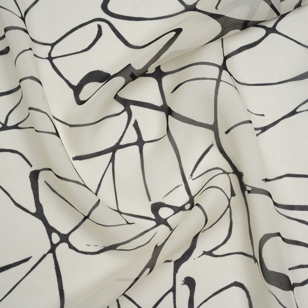 Silk Voile Print - Off White and Black Squiggles - Deadstock