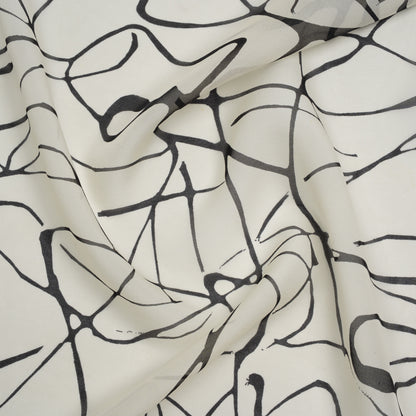 Silk Voile Print - Off White and Black Squiggles - Deadstock