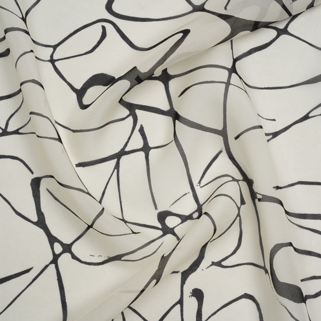 Silk Voile Print - Off White and Black Squiggles - Deadstock
