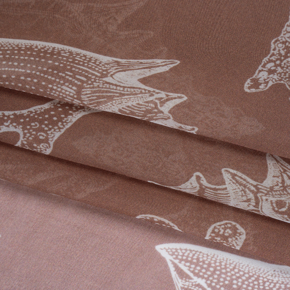 Silk Voile Print - Dusty Brown and White Coral and Shells - Deadstock - Folded