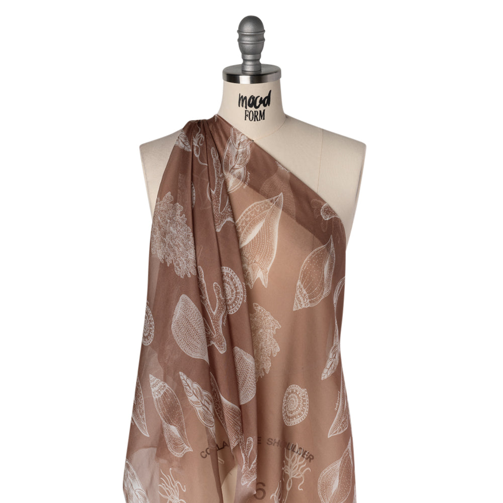 Silk Voile Print - Dusty Brown and White Coral and Shells - Deadstock - Drape