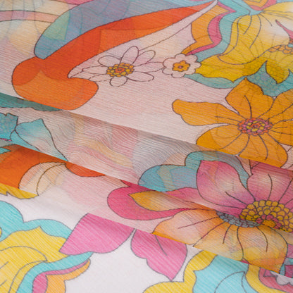 Crinkled Silk Chiffon Print - Pink, Yellow and Sky Blue Retro Florals - Deadstock