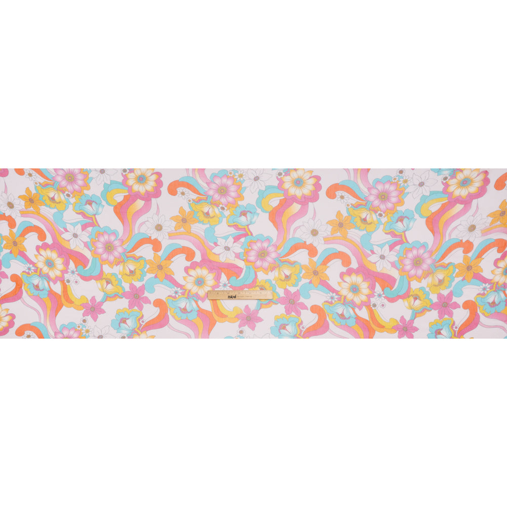 Crinkled Silk Chiffon Print - Pink, Yellow and Sky Blue Retro Florals - Deadstock - Full