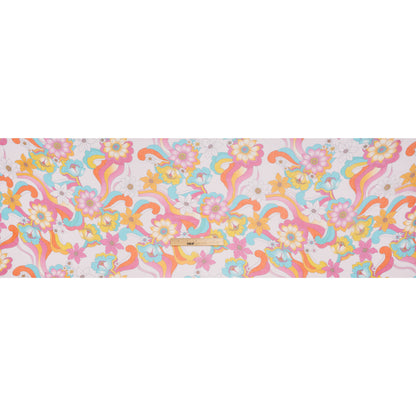 Crinkled Silk Chiffon Print - Pink, Yellow and Sky Blue Retro Florals - Deadstock