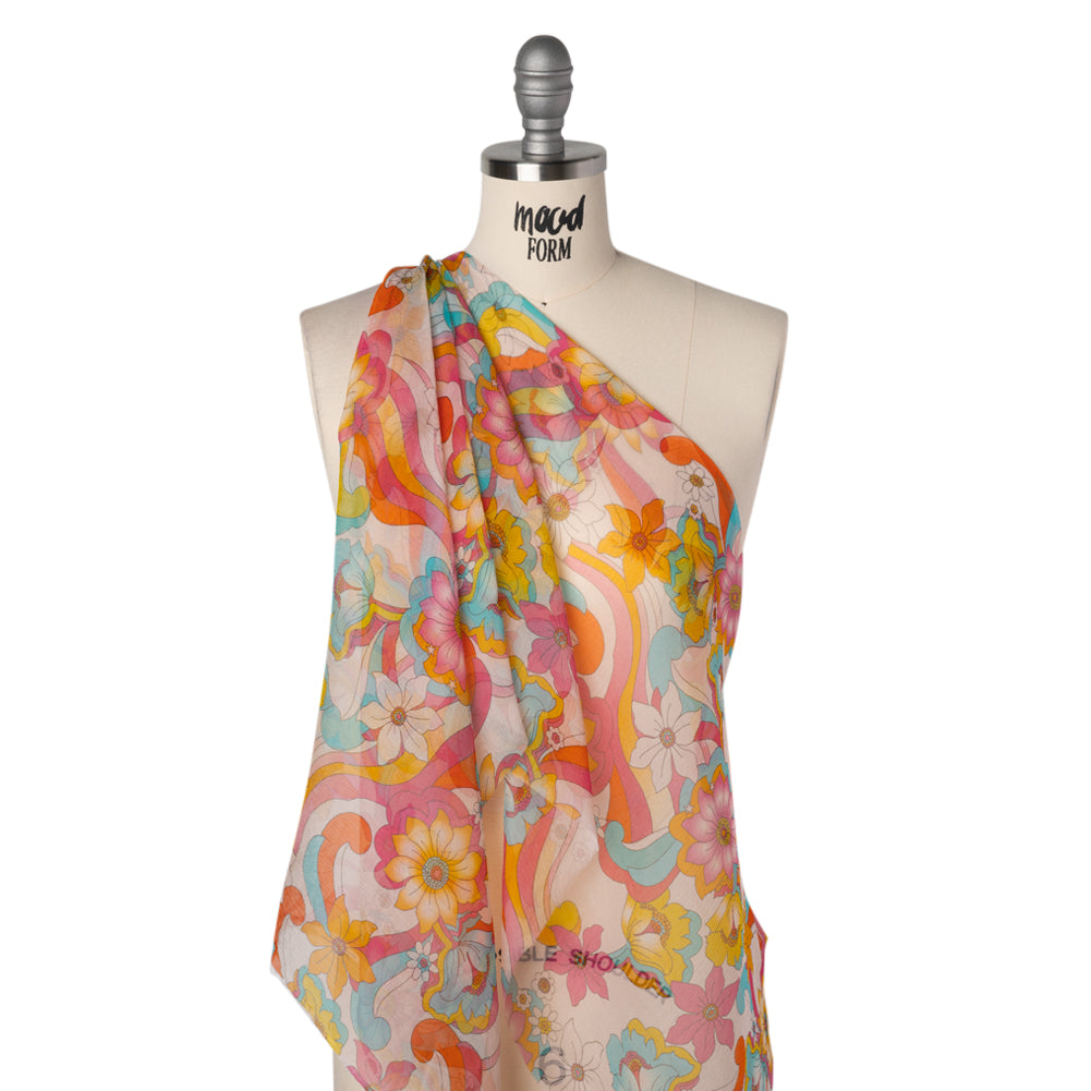 Crinkled Silk Chiffon Print - Pink, Yellow and Sky Blue Retro Florals - Deadstock - Drape