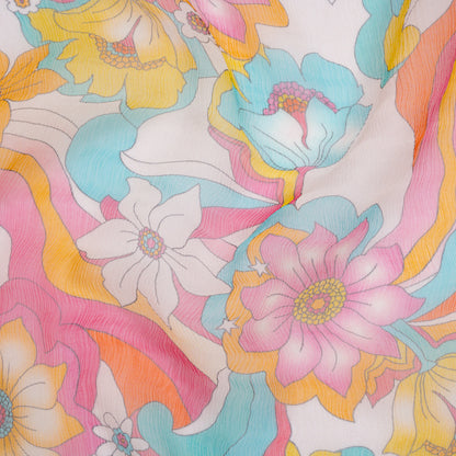 Crinkled Silk Chiffon Print - Pink, Yellow and Sky Blue Retro Florals - Deadstock