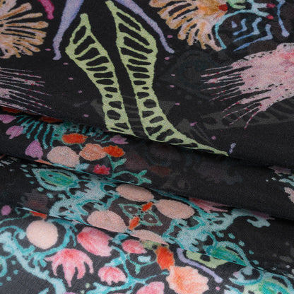 Silk Voile Print - Black and Rainbow Floral Damask Stripes - Deadstock