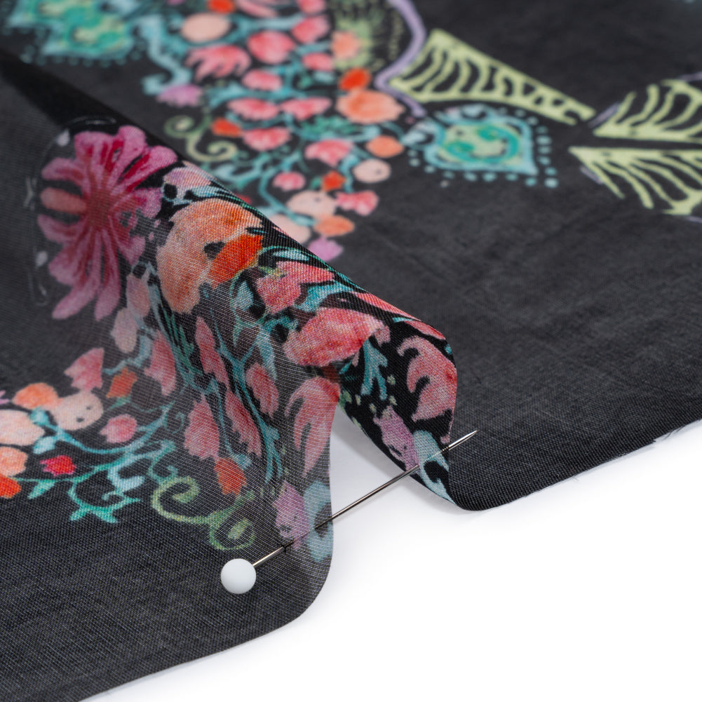 Silk Voile Print - Black and Rainbow Floral Damask Stripes - Deadstock - Detail