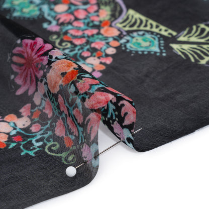 Silk Voile Print - Black and Rainbow Floral Damask Stripes - Deadstock