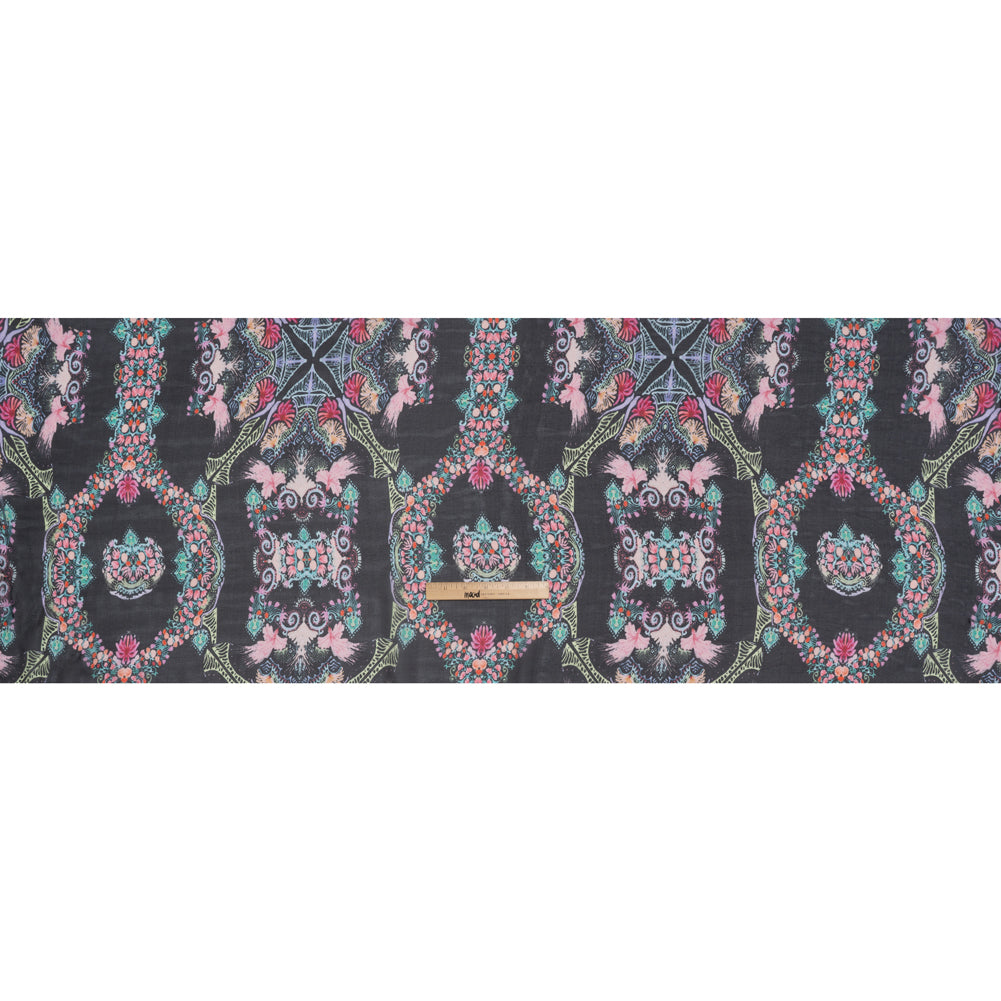 Silk Voile Print - Black and Rainbow Floral Damask Stripes - Deadstock - Full