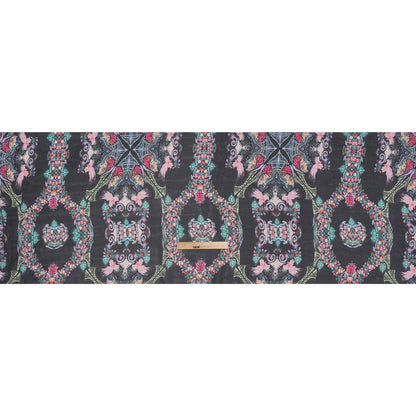 Silk Voile Print - Black and Rainbow Floral Damask Stripes - Deadstock