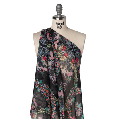 Silk Voile Print - Black and Rainbow Floral Damask Stripes - Deadstock