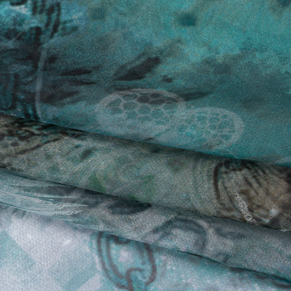 Silk Voile Print - Muted Teal, Brown and Gray Chains and Palms - Deadstock - Folded