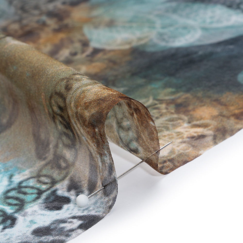 Silk Voile Print - Muted Teal, Brown and Gray Chains and Palms - Deadstock - Detail