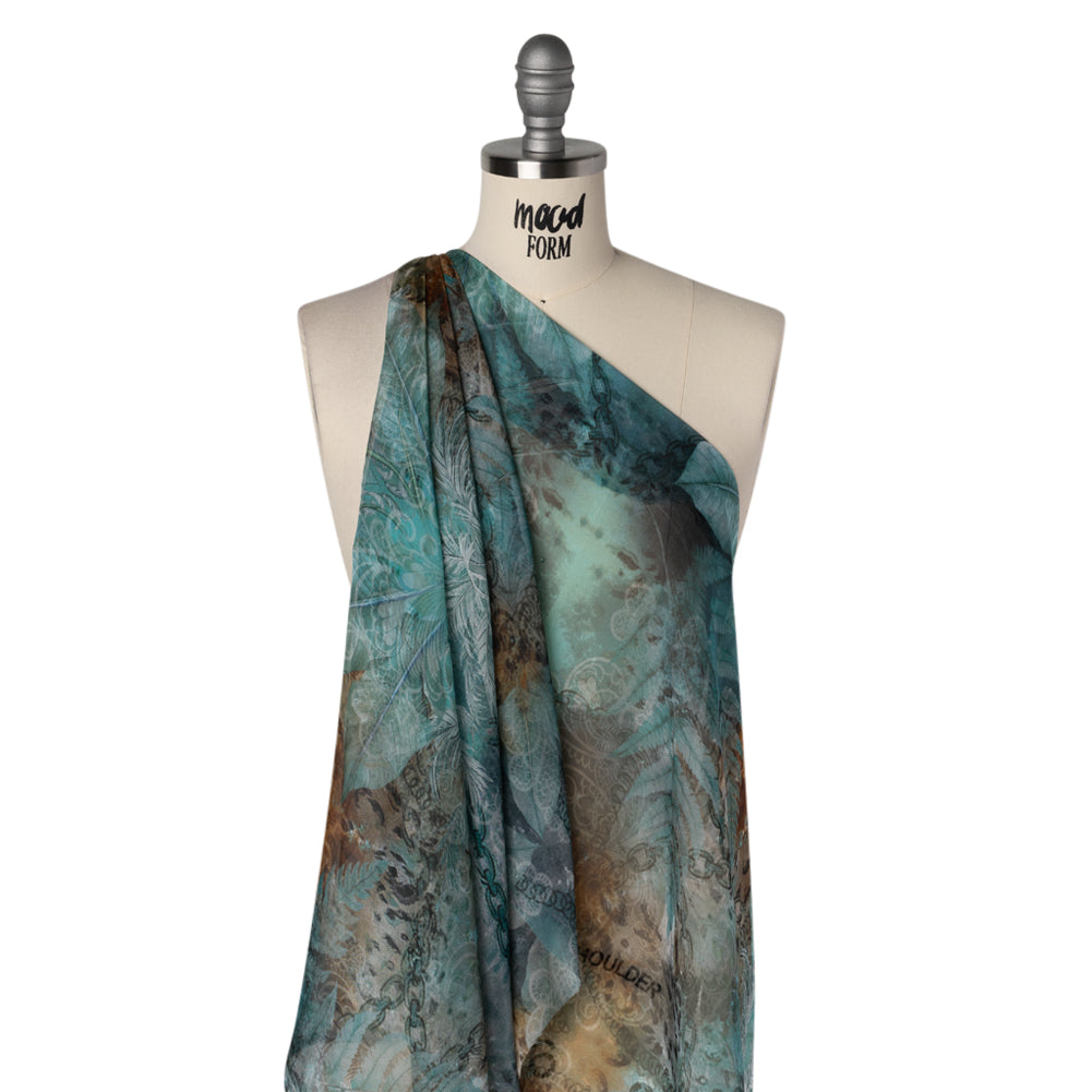 Silk Voile Print - Muted Teal, Brown and Gray Chains and Palms - Deadstock - Drape