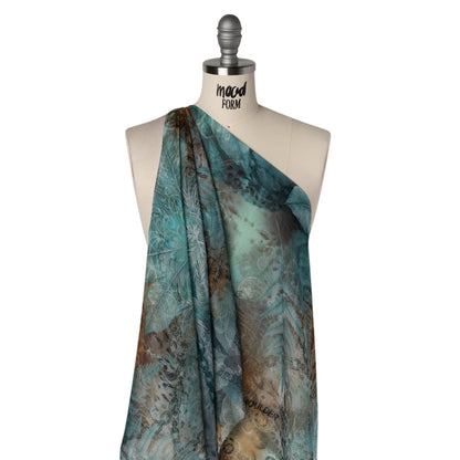 Silk Voile Print - Muted Teal, Brown and Gray Chains and Palms - Deadstock