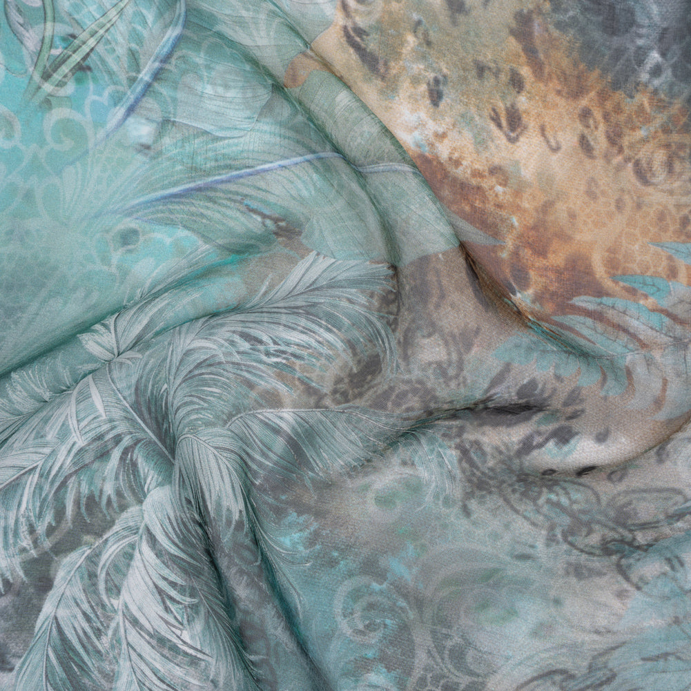 Silk Voile Print - Muted Teal, Brown and Gray Chains and Palms - Deadstock