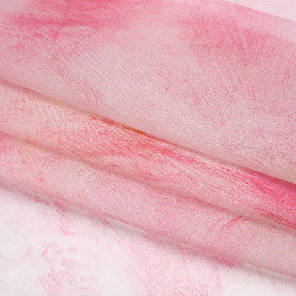 Crinkled Silk Chiffon Print - Pale Pink and Magenta Abstract Brush Strokes - Deadstock Folded