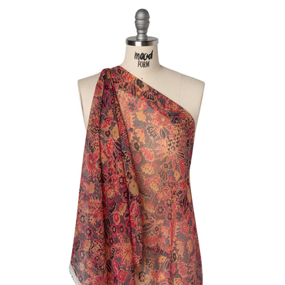Crinkled Silk Chiffon Print with Metallic Gold Pinstripes - Pink, Navy, and Yellow-Beige Floral - Deadstock Drape
