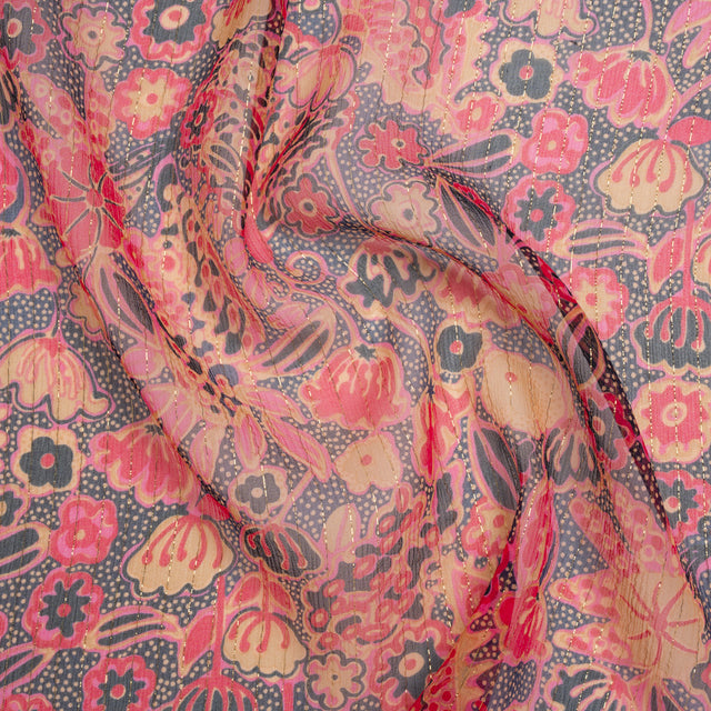Crinkled Silk Chiffon Print with Metallic Gold Pinstripes - Pink, Navy, and Yellow-Beige Floral - Deadstock