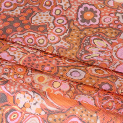 Crinkled Silk Chiffon Print - Coral Orange, Orchid Pink and Brown Abstracted Floral - Deadstock