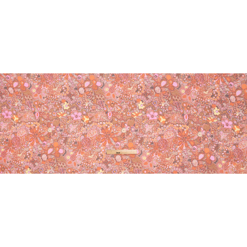Crinkled Silk Chiffon Print - Coral Orange, Orchid Pink and Brown Abstracted Floral - Deadstock - Full