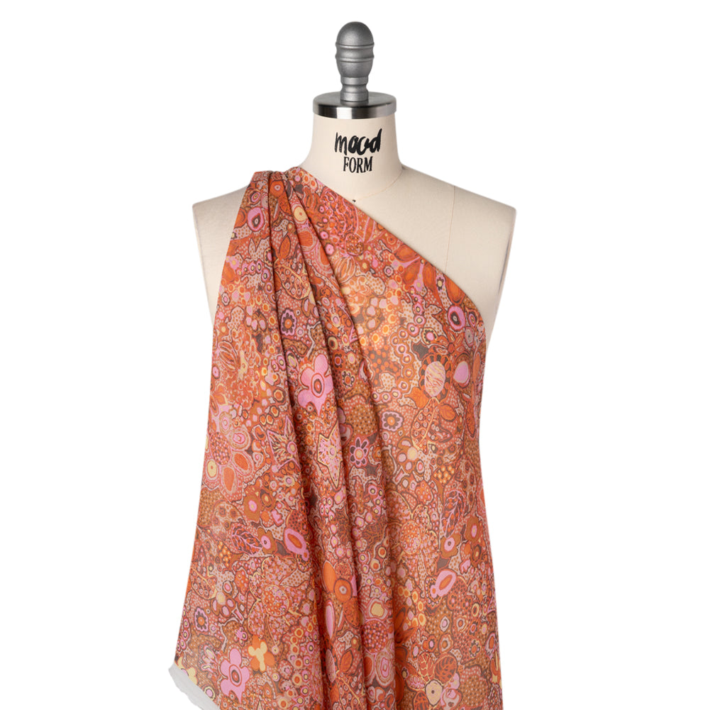 Crinkled Silk Chiffon Print - Coral Orange, Orchid Pink and Brown Abstracted Floral - Deadstock - Drape