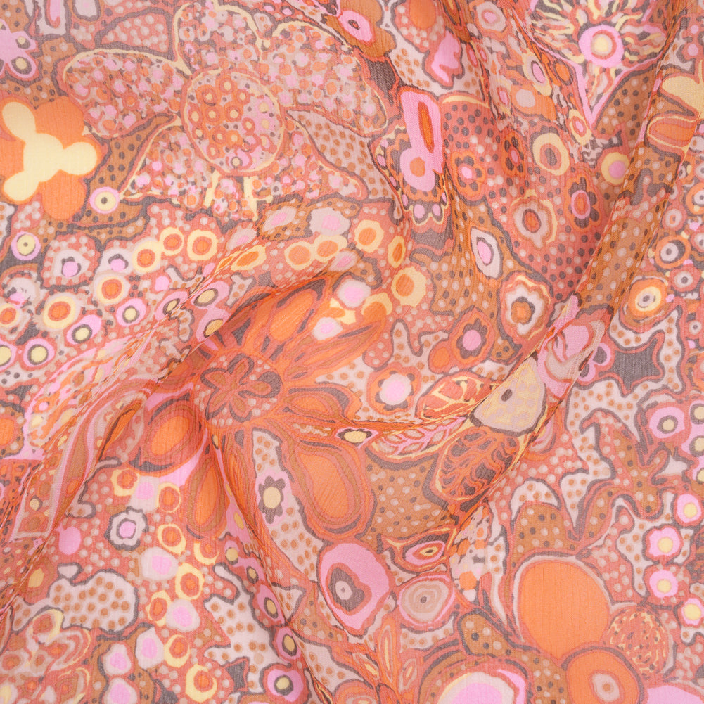 Crinkled Silk Chiffon Print - Coral Orange, Orchid Pink and Brown Abstracted Floral - Deadstock