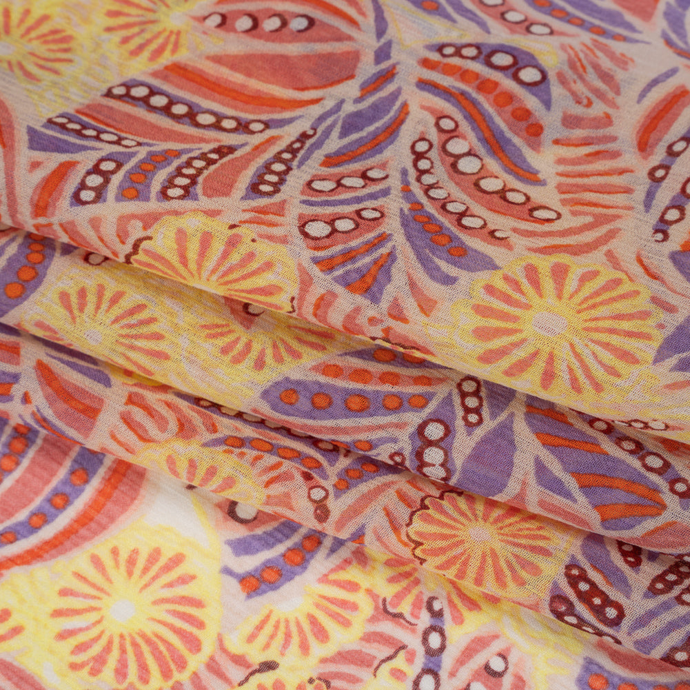 Crinkled Silk Chiffon Print - Mellow Yellow, Coral and Lavender Flowers and Leaves - Deadstock - Folded