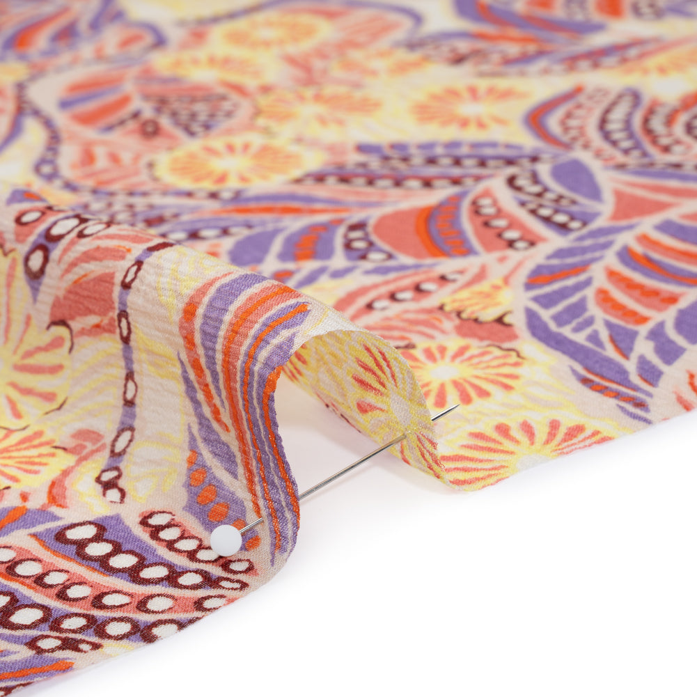 Crinkled Silk Chiffon Print - Mellow Yellow, Coral and Lavender Flowers and Leaves - Deadstock - Detail