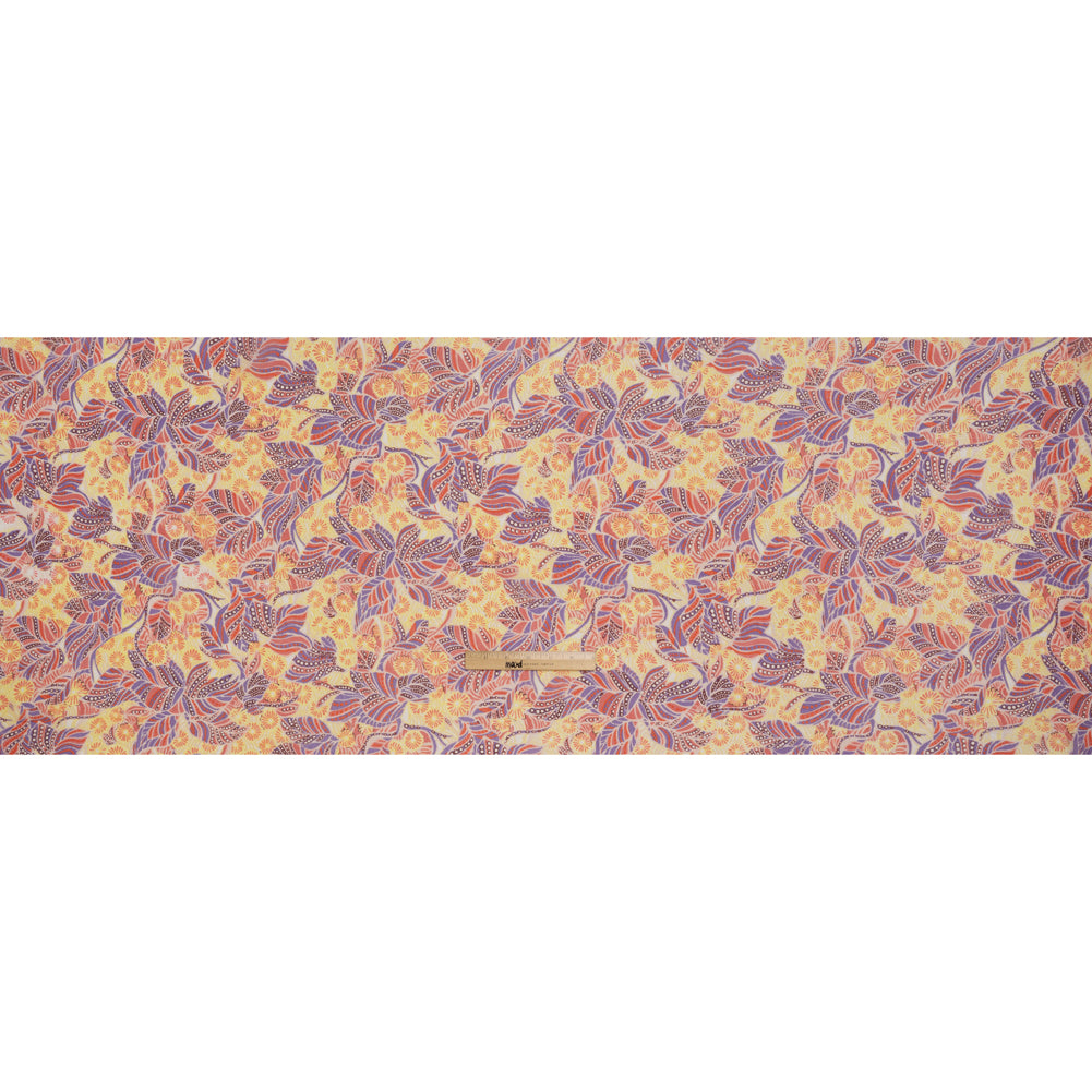 Crinkled Silk Chiffon Print - Mellow Yellow, Coral and Lavender Flowers and Leaves - Deadstock - Full