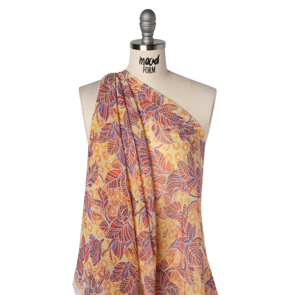 Crinkled Silk Chiffon Print - Mellow Yellow, Coral and Lavender Flowers and Leaves - Deadstock - Drape